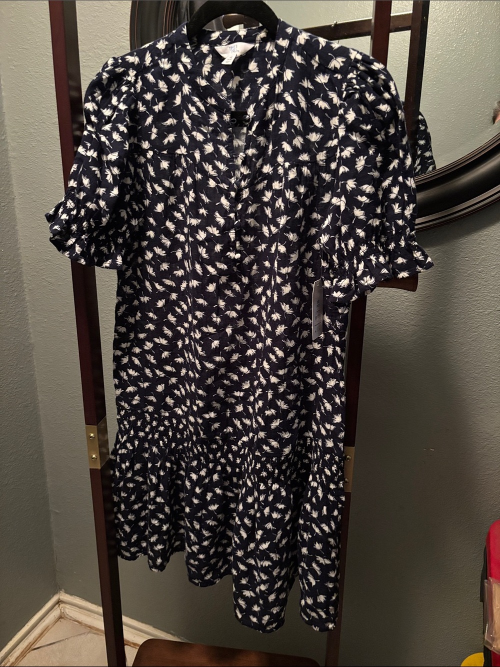 Time and Tru-Navy Floral Short-Sleeve Ruffled Hem Dress